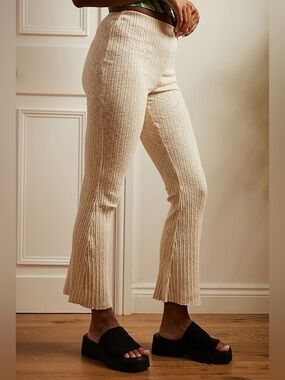 Urban Outfitters Rosie Ribbed High Waisted Flare Pants in Cream